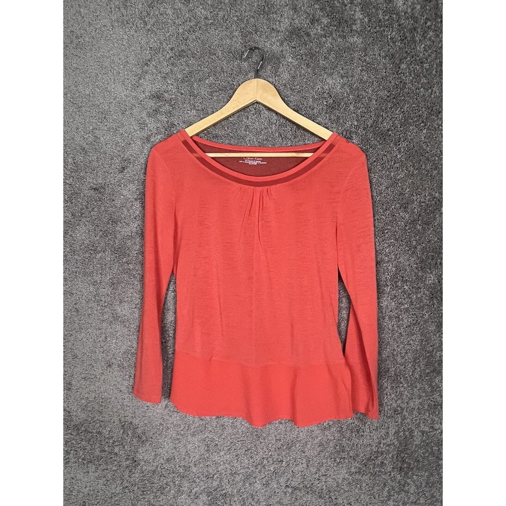 Calvin Klein Shirt Womens XS Orange Long Sleeve Scoop Neck Stretch Mixed Media
